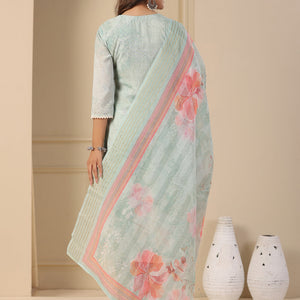 Floral Printed & Chikankari Embroidered Kurta with Pant & Dupatta - Mint Green