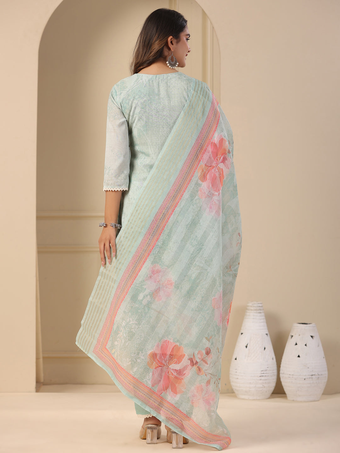 Floral Printed & Chikankari Embroidered Kurta with Pant & Dupatta - Mint Green