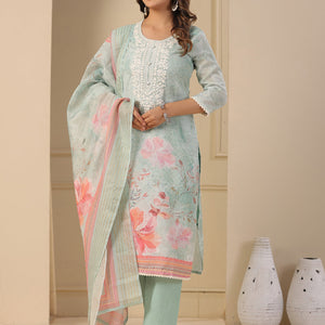 Floral Printed & Chikankari Embroidered Kurta with Pant & Dupatta - Mint Green