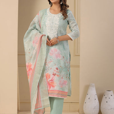 Floral Printed & Chikankari Embroidered Kurta with Pant & Dupatta - Mint Green