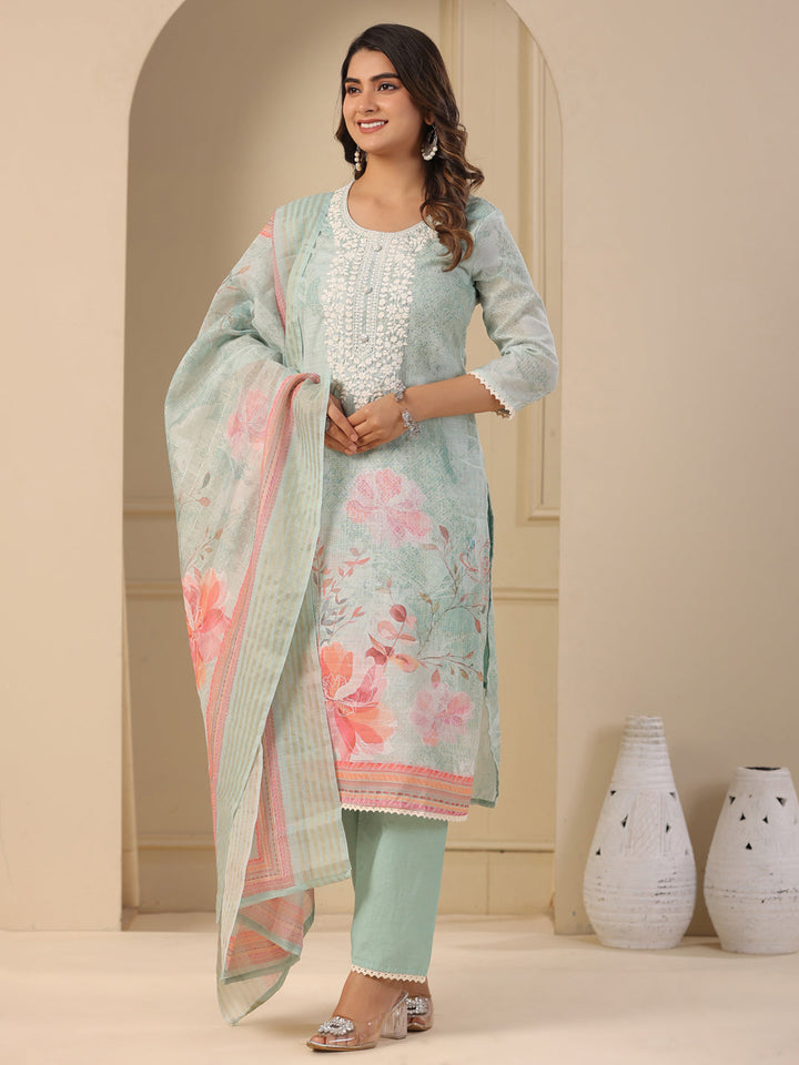 Floral Printed & Chikankari Embroidered Kurta with Pant & Dupatta - Mint Green