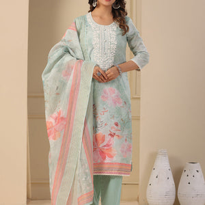 Floral Printed & Chikankari Embroidered Kurta with Pant & Dupatta - Mint Green