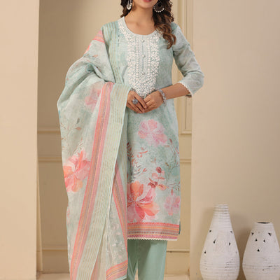 Floral Printed & Chikankari Embroidered Kurta with Pant & Dupatta - Mint Green