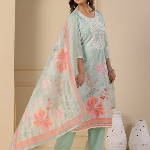 Floral Printed & Chikankari Embroidered Kurta with Pant & Dupatta - Mint Green