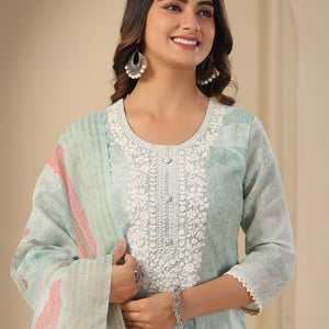 Floral Printed & Chikankari Embroidered Kurta with Pant & Dupatta - Mint Green