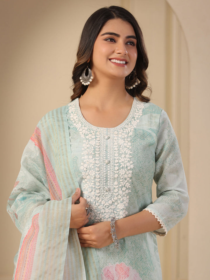 Floral Printed & Chikankari Embroidered Kurta with Pant & Dupatta - Mint Green