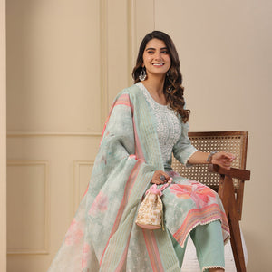 Floral Printed & Chikankari Embroidered Kurta with Pant & Dupatta - Mint Green
