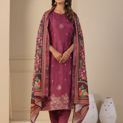 Ethnic Jacquard Woven Straight Kurta with Pant & Dupatta - Purple