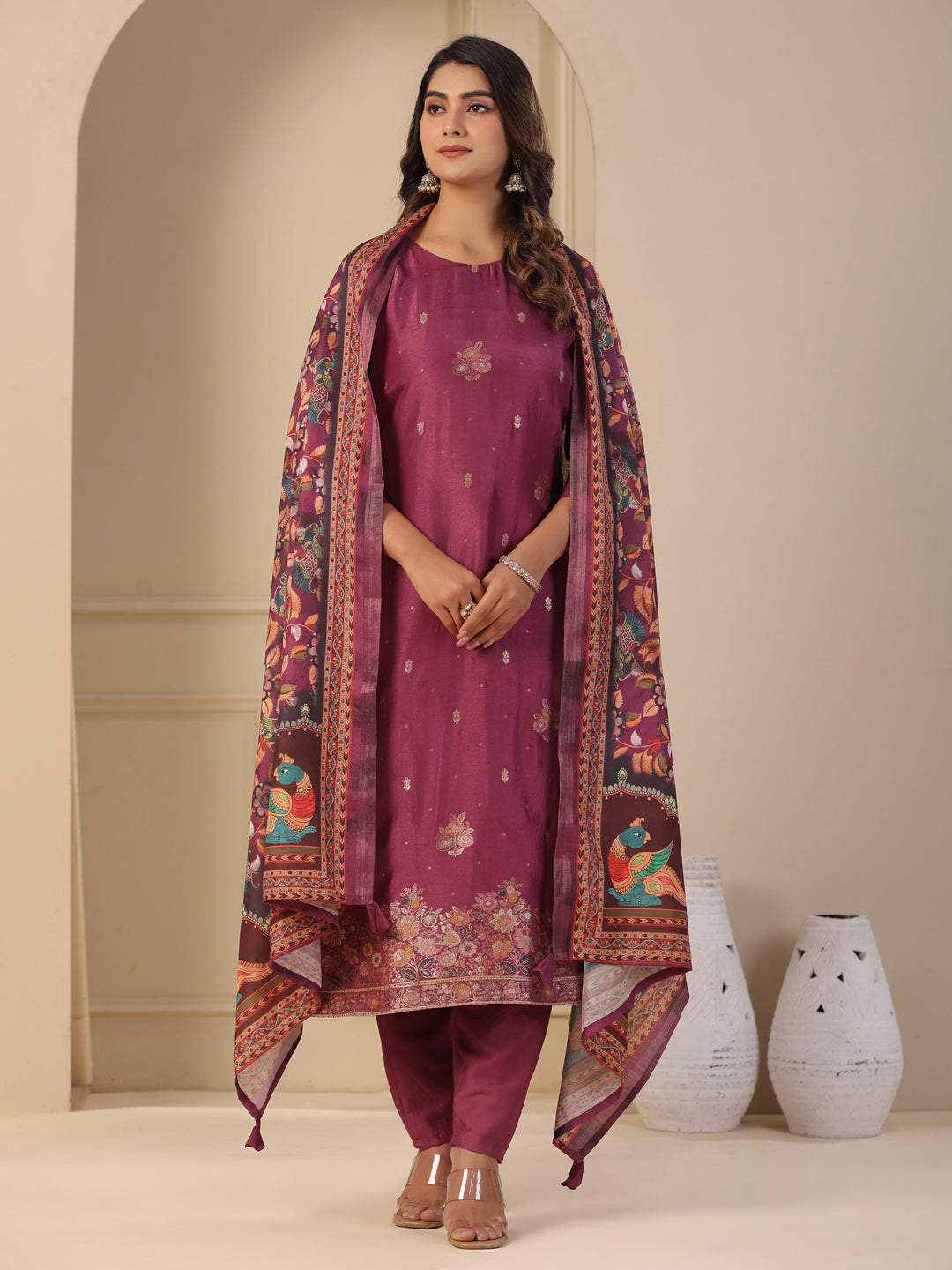 Ethnic Jacquard Woven Straight Kurta with Pant & Dupatta - Purple