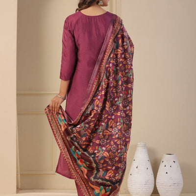 Ethnic Jacquard Woven Straight Kurta with Pant & Dupatta - Purple
