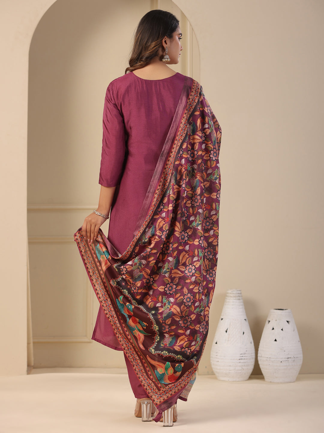 Ethnic Jacquard Woven Straight Kurta with Pant & Dupatta - Purple