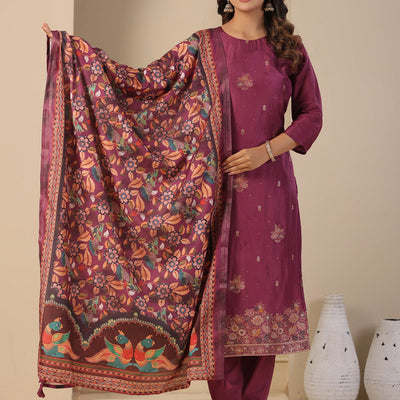 Ethnic Jacquard Woven Straight Kurta with Pant & Dupatta - Purple