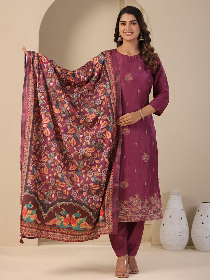 Ethnic Jacquard Woven Straight Kurta with Pant & Dupatta - Purple