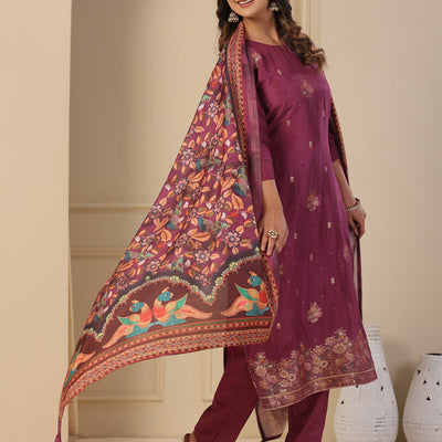 Ethnic Jacquard Woven Straight Kurta with Pant & Dupatta - Purple