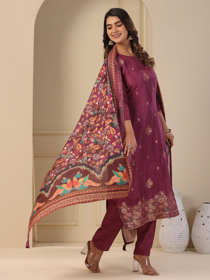 Ethnic Jacquard Woven Straight Kurta with Pant & Dupatta - Purple