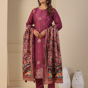 Ethnic Jacquard Woven Straight Kurta with Pant & Dupatta - Purple