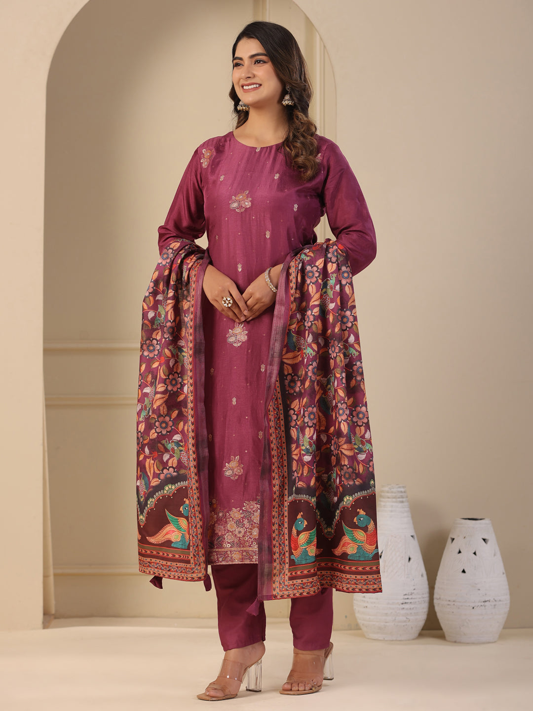 Ethnic Jacquard Woven Straight Kurta with Pant & Dupatta - Purple