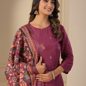 Ethnic Jacquard Woven Straight Kurta with Pant & Dupatta - Purple