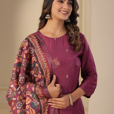 Ethnic Jacquard Woven Straight Kurta with Pant & Dupatta - Purple