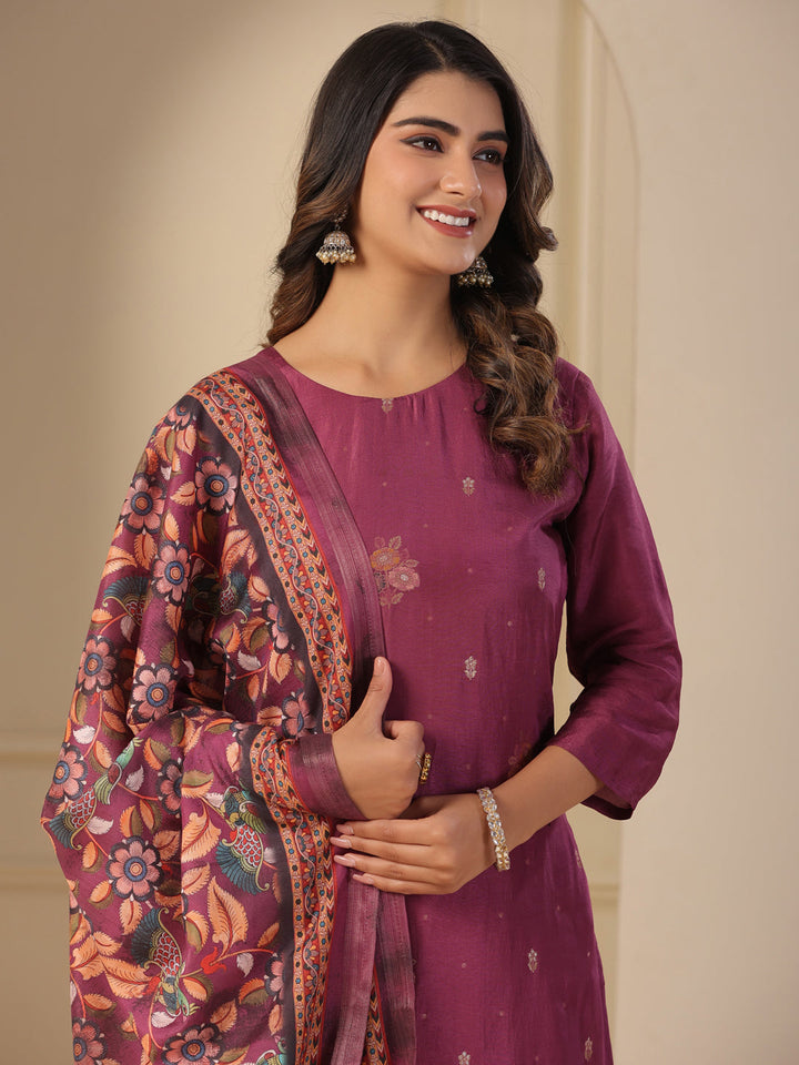 Ethnic Jacquard Woven Straight Kurta with Pant & Dupatta - Purple