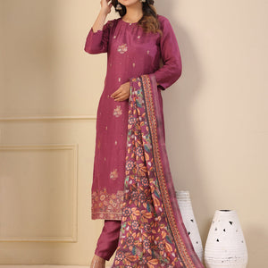Ethnic Jacquard Woven Straight Kurta with Pant & Dupatta - Purple