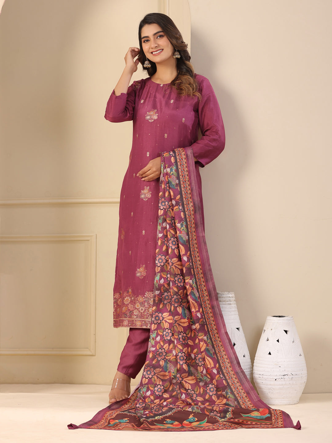 Ethnic Jacquard Woven Straight Kurta with Pant & Dupatta - Purple