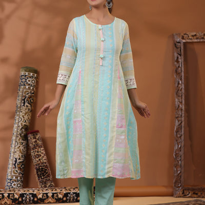 Ethnic Pastel Stripes Foil Printed A-Line Paneled Kurta - Blue