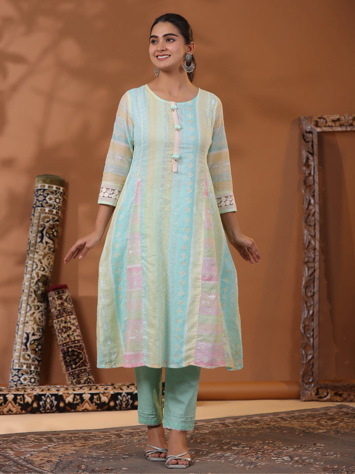 Ethnic Pastel Stripes Foil Printed A-Line Paneled Kurta - Blue