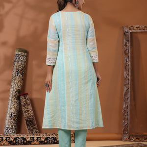 Ethnic Pastel Stripes Foil Printed A-Line Paneled Kurta - Blue