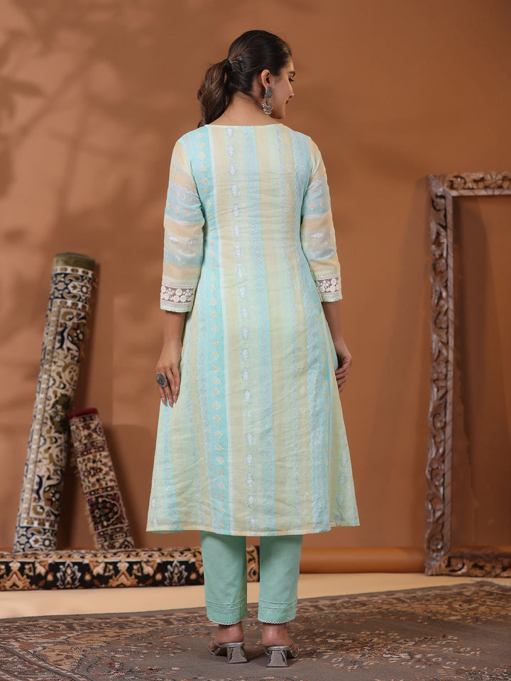 Ethnic Pastel Stripes Foil Printed A-Line Paneled Kurta - Blue