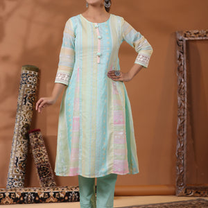 Ethnic Pastel Stripes Foil Printed A-Line Paneled Kurta - Blue