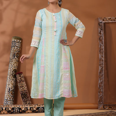 Ethnic Pastel Stripes Foil Printed A-Line Paneled Kurta - Blue
