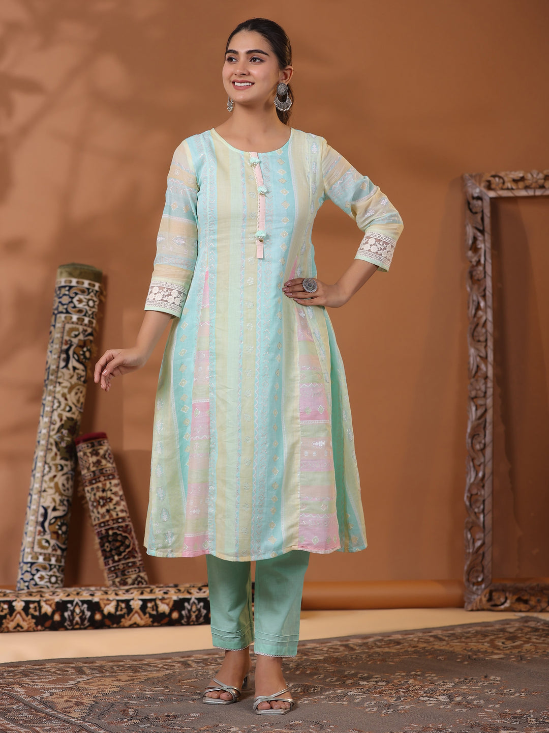 Ethnic Pastel Stripes Foil Printed A-Line Paneled Kurta - Blue