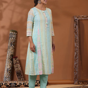 Ethnic Pastel Stripes Foil Printed A-Line Paneled Kurta - Blue