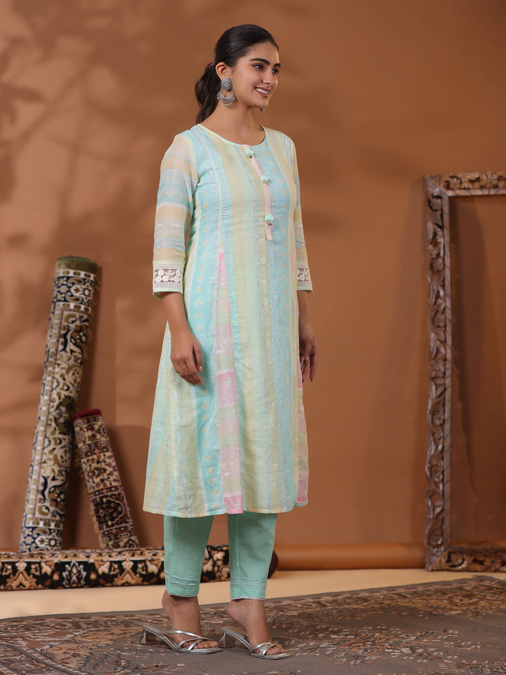 Ethnic Pastel Stripes Foil Printed A-Line Paneled Kurta - Blue