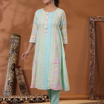 Ethnic Pastel Stripes Foil Printed A-Line Paneled Kurta - Blue