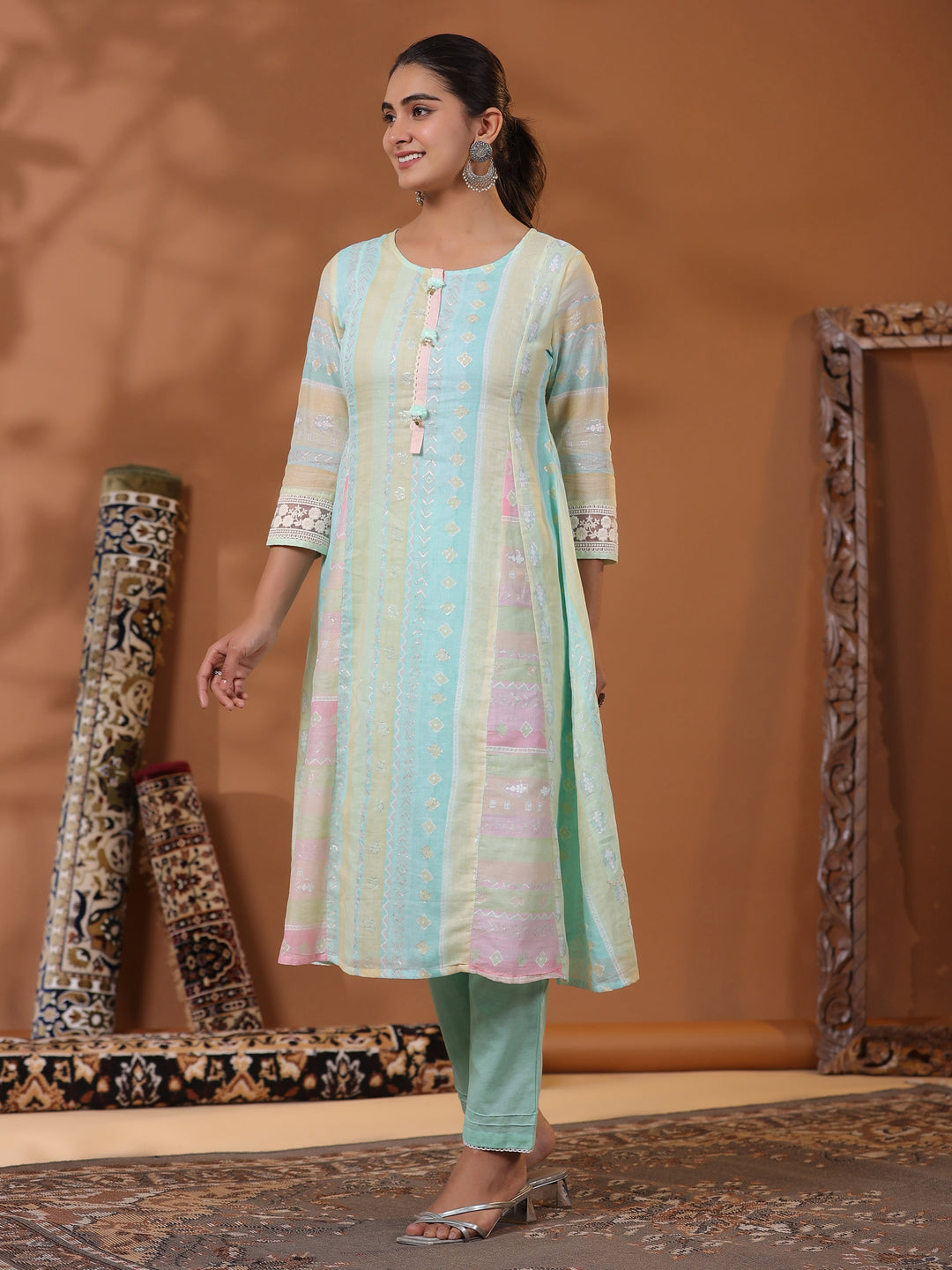 Ethnic Pastel Stripes Foil Printed A-Line Paneled Kurta - Blue