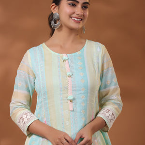 Ethnic Pastel Stripes Foil Printed A-Line Paneled Kurta - Blue