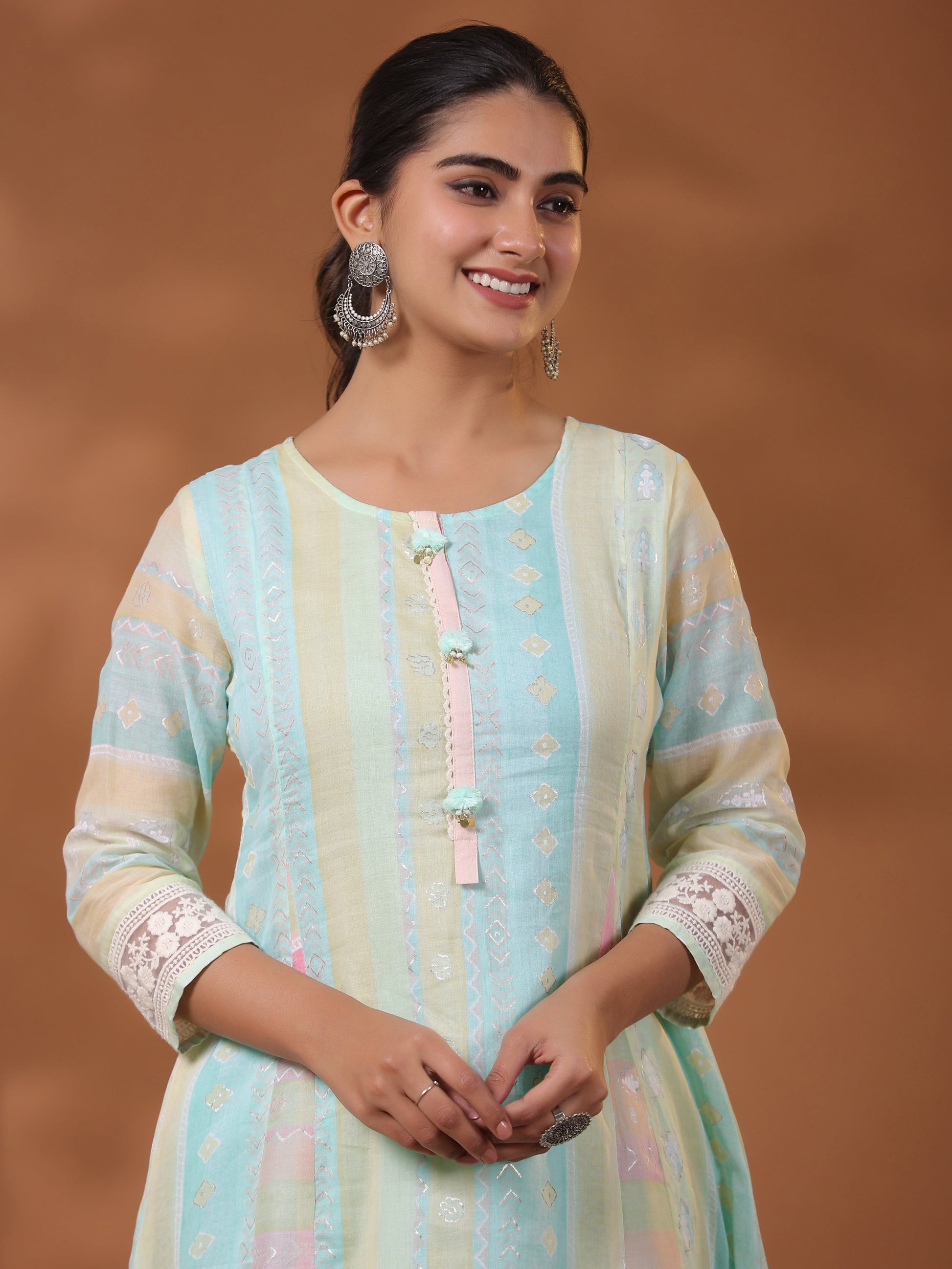 Ethnic Pastel Stripes Foil Printed A-Line Paneled Kurta - Blue