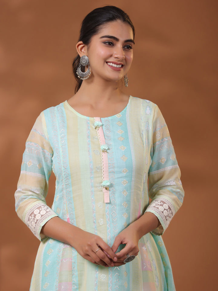 Ethnic Pastel Stripes Foil Printed A-Line Paneled Kurta - Blue