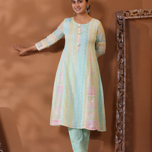 Ethnic Pastel Stripes Foil Printed A-Line Paneled Kurta - Blue