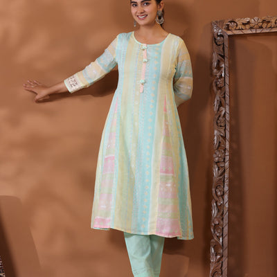 Ethnic Pastel Stripes Foil Printed A-Line Paneled Kurta - Blue