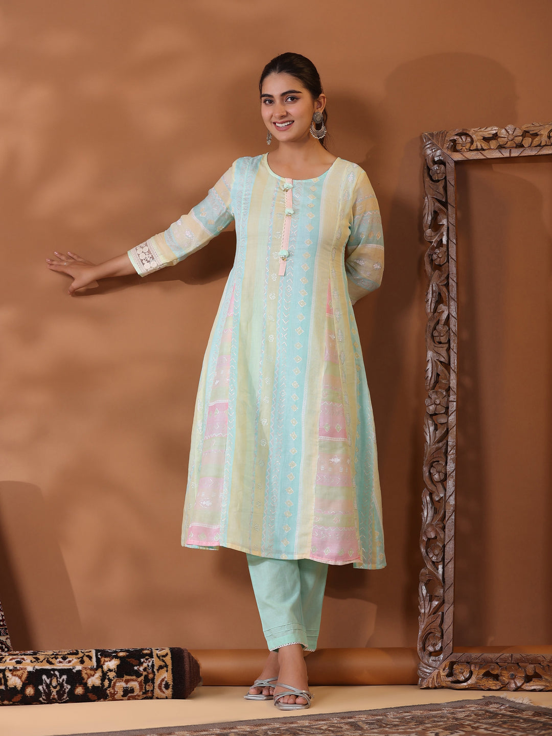 Ethnic Pastel Stripes Foil Printed A-Line Paneled Kurta - Blue