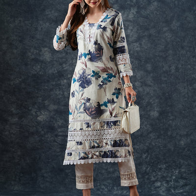Abstract Floral Printed Straight Fit Kurta - Off White