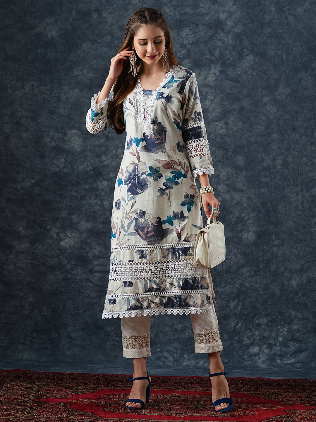 Abstract Floral Printed Straight Fit Kurta - Off White