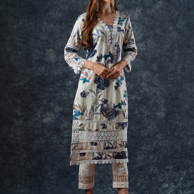 Abstract Floral Printed Straight Fit Kurta - Off White