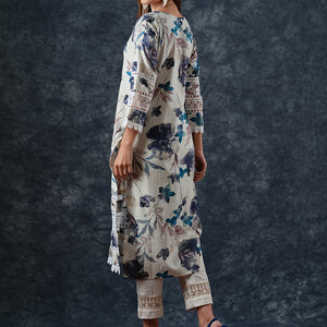Abstract Floral Printed Straight Fit Kurta - Off White