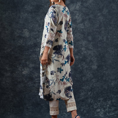 Abstract Floral Printed Straight Fit Kurta - Off White