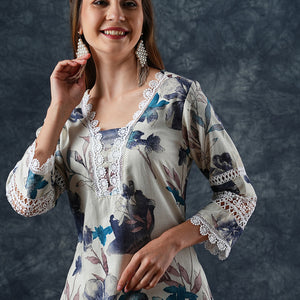 Abstract Floral Printed Straight Fit Kurta - Off White