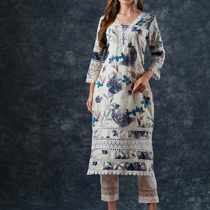 Abstract Floral Printed Straight Fit Kurta - Off White
